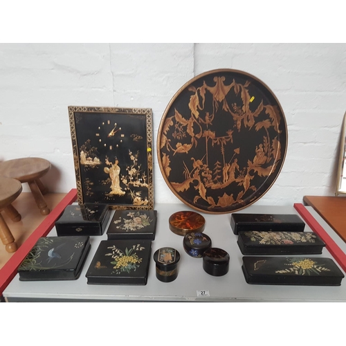 27 - Collection of handkerchief and glove set boxes, oriental style picture clock etc.