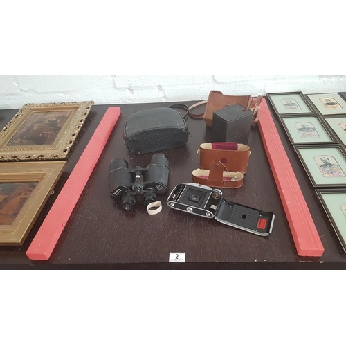 2 - Yashica 7 X 50 binoculars etc. Brownie No 2 camera, and a G.B Kershaw folding camera with case.