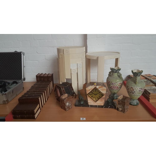 27 - Collection of miscellaneous items including Dickens books, clock, squeezebox, vases etc.