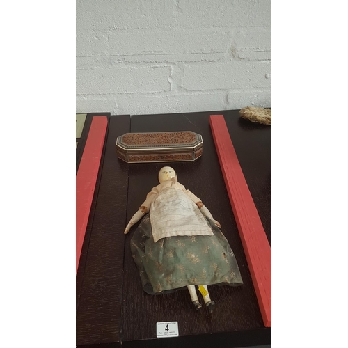 4 - Early wooden doll and inlaid carved box