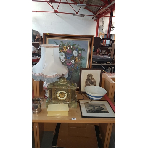 90 - Lamp,painting, Cornish ware bowl etc.