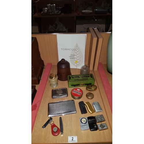 2 - Wood tobacco jar , snuff boxes , tins and lighters