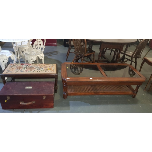 208 - Wooden coffee table with glass top and wooden stool with embroidered top and vintage electrolux wood... 