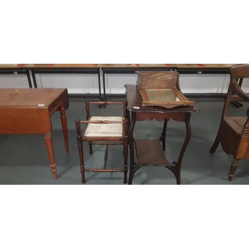 224 - Edwardian table, arts and crafts mahogany piano stool and oak hall mirror with draw- small