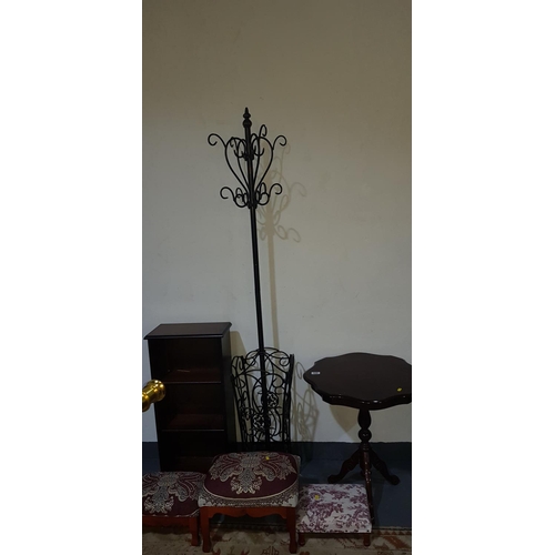 229 - Footstools, table ,coat rack and bookshelf