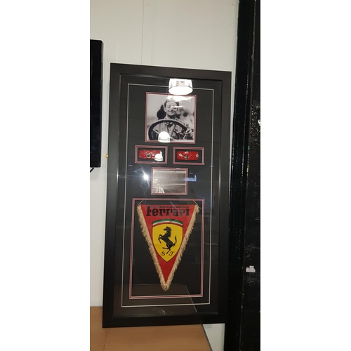 439 - Large framed Ferrari picture with flag,photographs and model cars