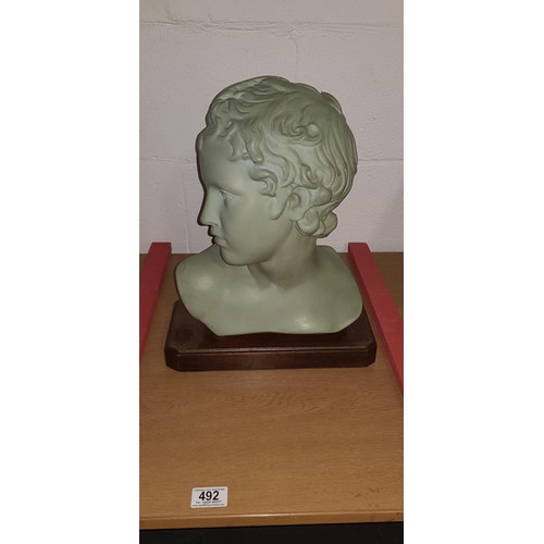 492 - Ceramic green bust of a young man - marque deposee impressed mark