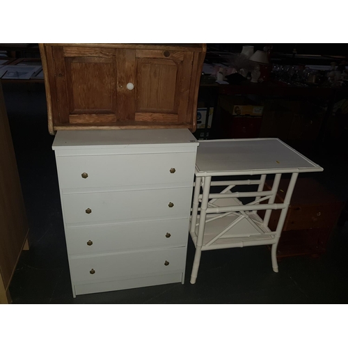 563 - Quantity of small furniture including 4 draw chest of drawers , pine bedside cabinet etc.