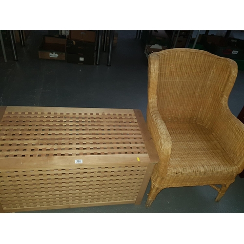 566 - Pine ottoman/ storage unit  with wicker armchair