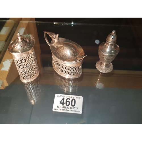 460 - Hallmarked silver mustard pot and two pepperettes