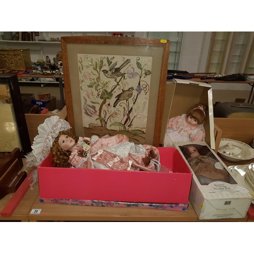 39 - 3 Leonardo collection porcelain dolls and a fire screen