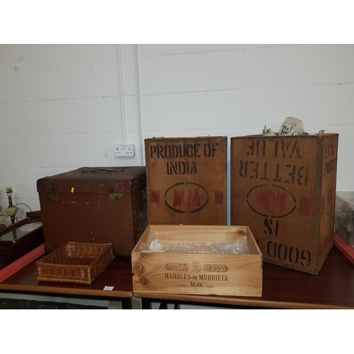46 - Two packing crates, leather trunk etc.
