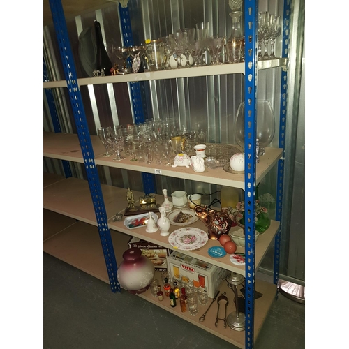 785 - 4 shelves of miscellaneous glass,china including whisky glass set , dinner set etc.