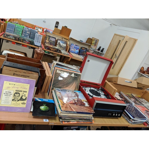 29 - Vintage Bush portable record player and vinyl LP's, magazines etc.