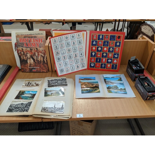 3 - Army badges,army books,postcards and 2 x figures