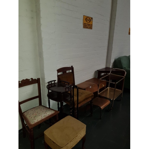 715 - A quantity of vintage furniture including an early chair, telephone table etc