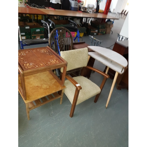 784 - Quantity of vintage furniture including tile topped coffee table, early chair etc.