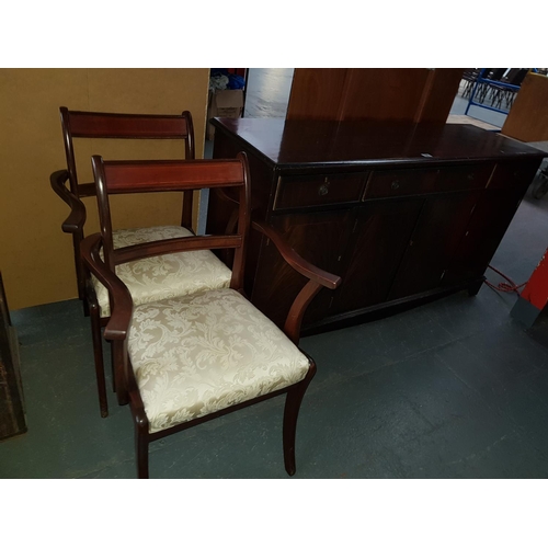 786 - Mahogany veneer sideboard and a pair of carvers