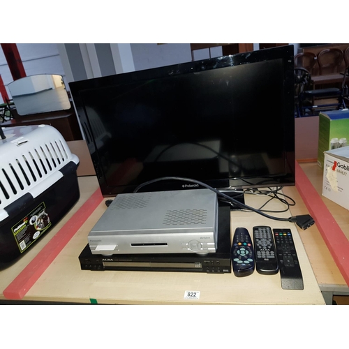 822 - Polaroid flat screen TV , Alba DVD player and a Sky box with controls