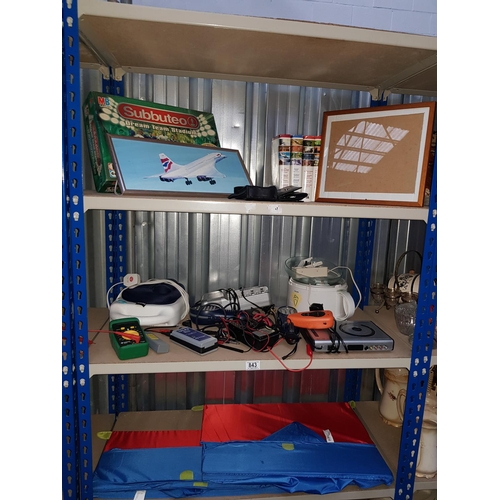 843 - 3 shelves of miscellaneous including telephone testing equipment, subbuteo etc.