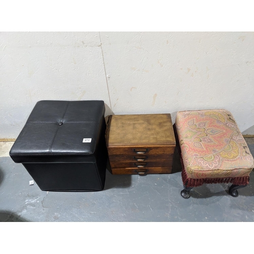 273 - Footstool, storage box and a four drawer specimen cabinet