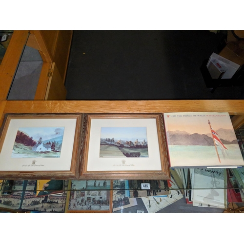 485 - Two framed prints- watercolours by The Prince Of Wales and a book on his works