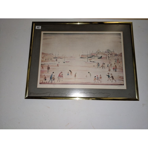 497 - Laurence Stephen Lowry RA 1887-1976 , On The Sands, limited edition colour print (312 of 500) pencil... 