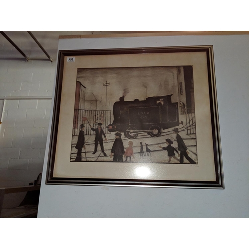 498 - Laurence Stephen Lowry, RA 1887-1976, Level Crossing With Train, colour print, signed in pencil L.S ... 