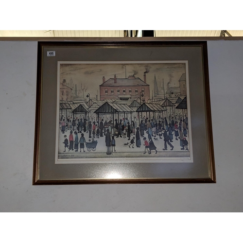 499 - Laurence Stephen Lowry RA 1887-1976 , Market Scene In A Northern Town, colour print signed in pencil... 