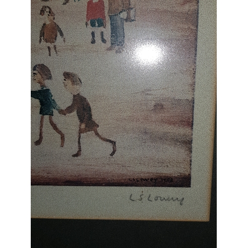 497 - Laurence Stephen Lowry RA 1887-1976 , On The Sands, limited edition colour print (312 of 500) pencil... 