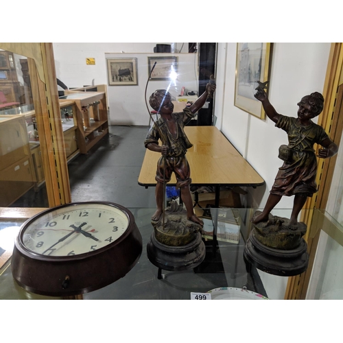 499 - A pair of Spelter figures and a Smiths electric clock