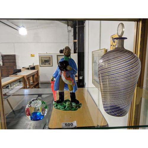 500 - A bohemian art glass figure - Czechoslovakian , a Murano glass paperweight and a Murano glass bottle... 