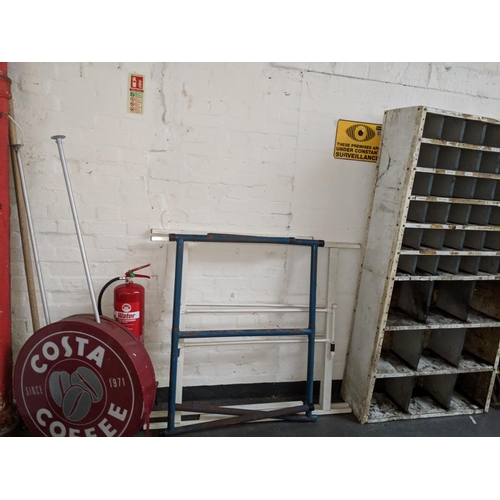 524 - Two metal stands and a metal storage unit