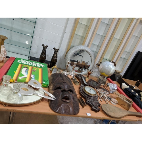 63 - Miscellaneous items including globe, wooden african mask etc.