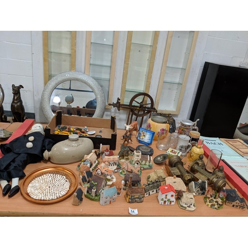 64 - Mixed miscellaneous items including china doll, Diecast cars, Memory Lane cottages etc.