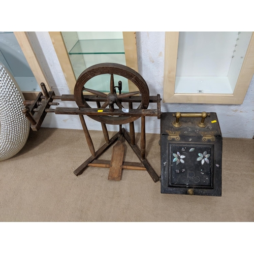 67 - A coal scuttle and a spinning wheel