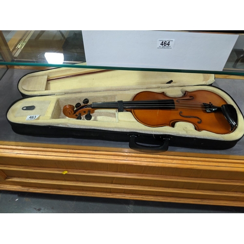 463 - A violin and bow in case