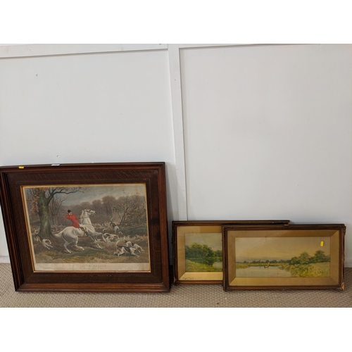 71 - A framed hunting print and two others