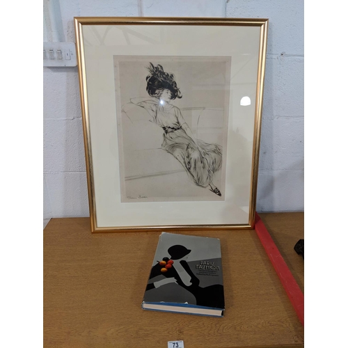 73 - A pencil fashion sketch by Etienne Drain (c1930) and a  Paris fashion book detailing Drain's work