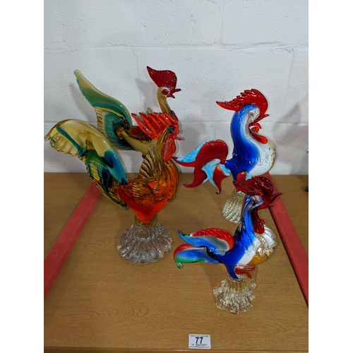 77 - Four Murano chickens- 3 large and 1 smaller