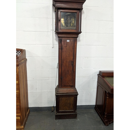 205 - An early, oak cased brass dialed grandfather clock