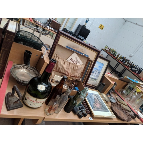 34 - A selection of vintage items including treen, pictures,bottles etc.