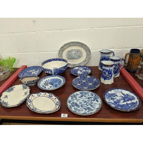 43 - A selection of Blue and White fine china including large Wedgwood bowl, Chatsworth jugs etc.