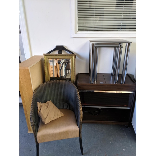 502 - Phillips hostess trolley, oak shelving unit, corby trouser press, a lloyd loom chair and bevel edged... 