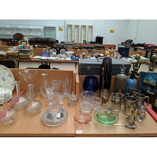 17 - A quantity of glass,pewter tankards etc.