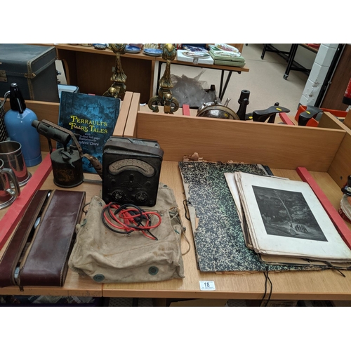 18 - An early vault meter, brass blow lamp, collection of old prints, brush set etc.