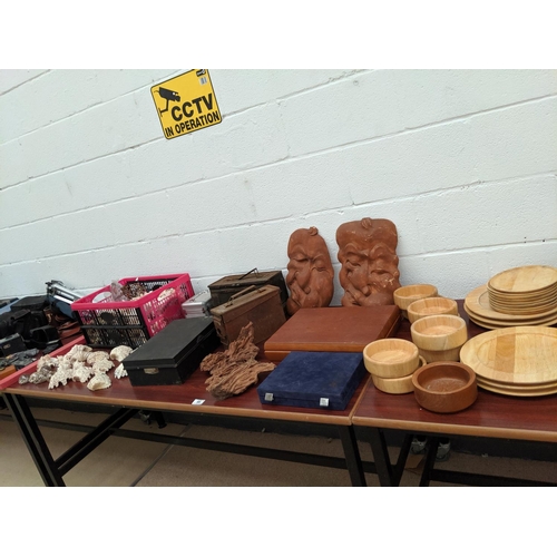 46 - Wooden plates, bowls, boxes, ammunition tins, shells etc.