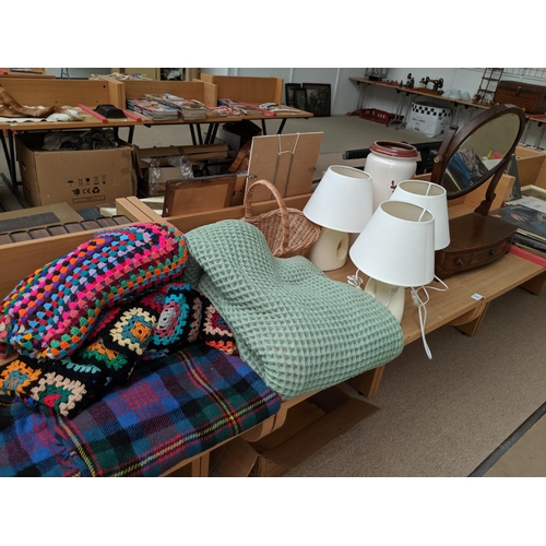 53 - A waffle blanket, lamps, dressing table mirror etc