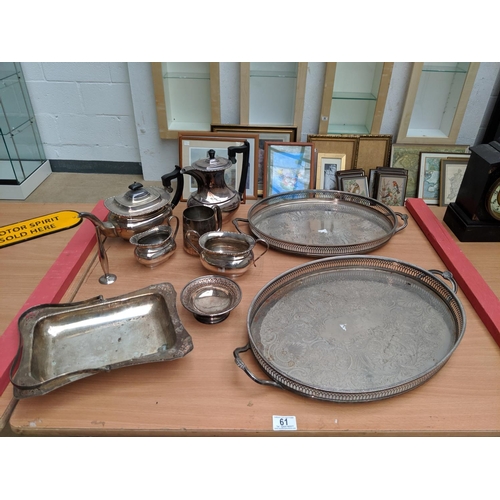 61 - Two silver plated trays, tea/coffee pots etc.
