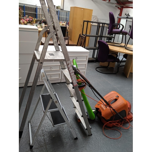 683 - Two sets of ladders- aluminium and small steps, a micro compact 30 flymo electric lawnmower and chal... 